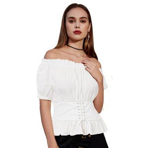 SLS02082 SD Donne Off Spalla Top A Manica Corta Smock Posteriore Lace-up Increspato Rinascimentale Camicie - Product Image 3