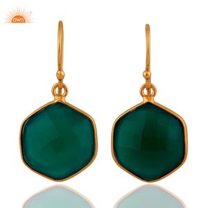 Pendientes colgantes de ónix verde con forma de pentágono, fabricante de pendientes de plata 925 chapados en oro, proveedor de joyería - Product Image 3