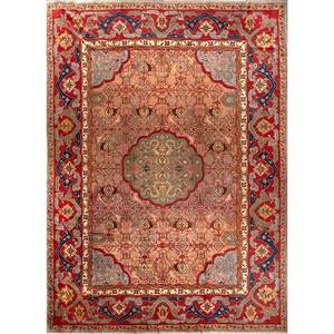 Alfombra de Lana Anudada a Mano Aalam, Diseño Abstracto con Medallón Rojo Naranja, Kilim Rectangular de 9x12 para Entrada de Casa, Dormitorio de Adolescentes - Paem-518 - Product Image 1