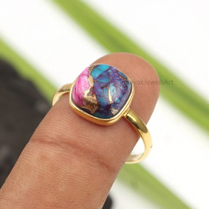 Anillo Fino de Plata de Ley 925 de 10x10mm para Mujer, Hecho a Mano, de Lujo, Chapado en Oro, con Dalia Morada, Cobre y Turquesa - Product Image 6