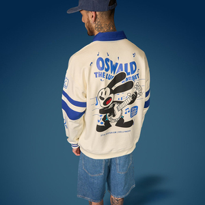 เสื้อสเวตเชิ้ตโอเวอร์ไซส์พิมพ์ลาย Oswald Lucky Rabbit แขนเสื้อแบบริบ มีปก สไตล์สตรีทแวร์ พิมพ์ลายทางสีน้ำเงิน - Product Image 6