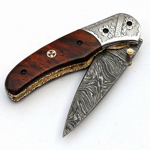 Cuchillo plegable de acero de Damasco hecho a mano personalizado con mango de cuerno de carnero con refuerzo de acero y Funda de cuero fino cuchillo de Camping - Product Image 2