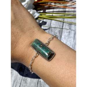 Kingman Turquoise & Sterling Silver Bar Link <b>Bracelet</b> Navajo Made Cultural Collectible Jewelry for Men - Product Image 2