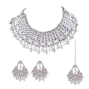 Trendy Bollywood Wedding Alloy Silver Bridal <b>Jewelry</b> Set White <b>Pearl</b> Choker Necklace Earrings Maang Tikka for Party Anniversary - Product Image 2