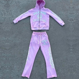 Survêtement de rue vintage personnalisé avec broderie en strass respirant coupe ample à capuche pantalon évasé en détresse effet lavé - Product Image 4