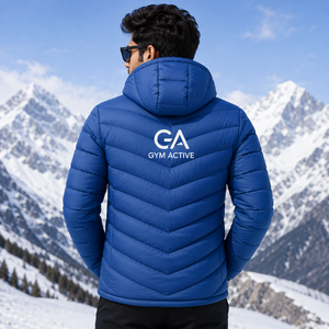 <b>GYM</b> ACTIVE Men's Blue Shiny Hooded Puffer <b>Jacket</b> Windproof Quilted Polyester Winter Casual Outdoor Wear Front Logo Embroidery - Product Image 3