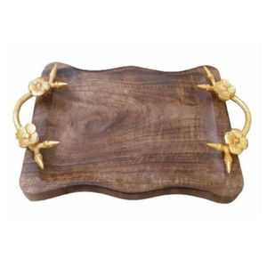 Plateau de service en bois New Elegance avec plateau à dessert de collations à finition polie avec poignée en argenterie pour la restauration - Product Image 4