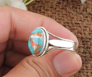 Bague en argent terni de Style Vintage fait à la main avec huître cuivre Turquoise pierre précieuse forme ovale bague de mariage en pierre pour les femmes - Product Image 5