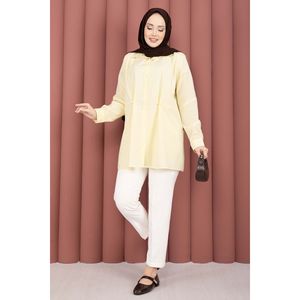Camisa de popelina satinada amarilla para mujer, con cintura ajustable, botones, cuello de solapa, informal, en tallas XS, S, M, L, XL, 4XL, con logotipo bordado. - Product Image 1