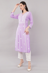 Tout nouveau débardeur droit violet clair pour femmes 100% toile florale col en V doux respirant 3/4 manches longues ethnique confort quotidien - Product Image 5