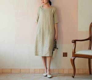 Vestido Midi de mujer personalizado, 100% de lino, estilo minimalista, corte holgado, tejido, ropa de talla grande con cintura Natural - Product Image 3