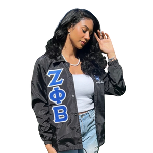 Zeta Phi Beta letra griega señoras corte chaqueta Negro Azul nailon cortavientos con bordado ligero griego vida ropa - Product Image 1