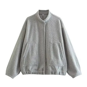 Chaqueta Bomber de mezcla de lana de gran tamaño para mujer, abrigo de manga larga con botones y bolsillos, prendas de vestir exteriores transpirables de punto - Product Image 3