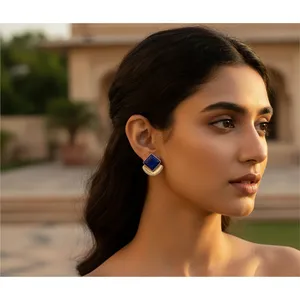 Boucles d'oreilles clous tendance vintage en argent 925, lapis-lazuli, zircon, perle, plaqué rhodium, design géométrique, pour femme, usage quotidien et soirées - Product Image 1