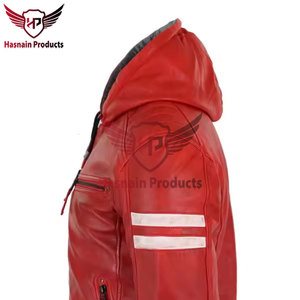Chaqueta de cuero Bomber roja con capucha de calidad Premium para hombre, piel de cordero, cuero Real, nuevo estilo de invierno, Sudadera con capucha Bomber para hombre, prendas de vestir exteriores - Product Image 2
