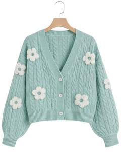 Manufacturer Custom <b>Women</b> Mint Green Cable Knit <b>Cardigan</b> Sweater <b>White</b> Flower Applique V Neck Button Front Cute Winter Fashion - Product Image 1