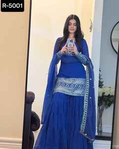 Nouveau lourd Bollywood Designer Salwar Kameez costume Style pakistanais Gharara costume avec broderie dentelle bordure Georgette Dupatta ensemble - Product Image 5