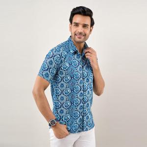 Chemise décontractée pour homme en popeline de coton bleu indigo, coupe classique, respirante, imprimée de fleurs, taille 6XL pour l'été - Product Image 2