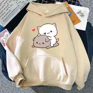 Sudadera con capucha de talla grande con hombros caídos para mujer, sudadera informal de manga larga con estampado de gato bonito con estampado de goma y melocotón - Product Image 5