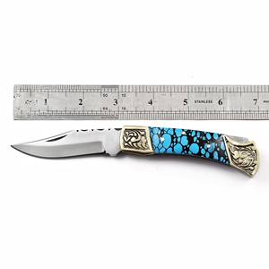 Navaja Plegable de Acero Inoxidable con Mango Turquesa, Funda de Cuero Personalizada, EDC de Bolsillo, para Caza, Camping, Grado Industrial - Product Image 2