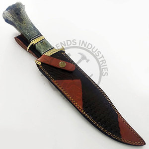 Cuchillo Bowie de Caza y Camping de Acero de Damasco de Calidad Premium, Hoja con Borde Serrado y Punta Clip, Mango de Hueso, Funda de Cuero - Product Image 6
