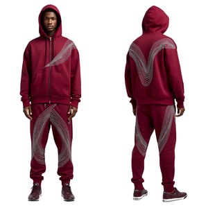 Ensemble de survêtement de luxe en molleton de coton avec strass, coupe ample, couleur bordeaux, le plus vendu - Product Image 1