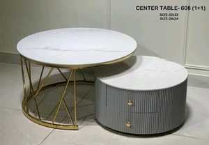 2 pièces Table basse ronde en bois blanche avec tiroirs et dessus en marbre - Product Image 2