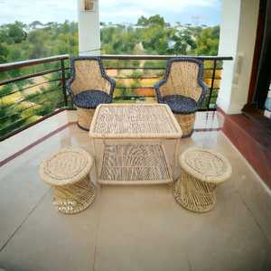 Silla de cojín de caña de mimbre de bambú hecha a mano natural, sofá de asiento cómodo único con mesa y otomana para el jardín del hogar - Product Image 1