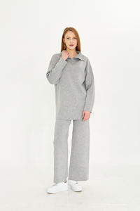 Ensemble de tricot uni à fermeture éclair deux pièces vêtements de sport surdimensionnés tenue quotidienne ensemble de survêtement à manches longues ensemble de tricot double élégant - Product Image 3