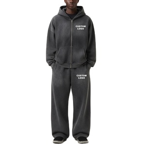 Ensemble décontracté deux pièces pour homme en coton 100% de haute qualité : sweat à capuche et jogging, style vintage délavé avec surpiqûres contrastées, grandes tailles - Product Image 2