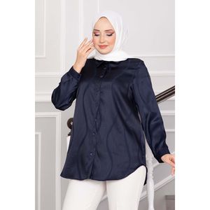 Túnica Azul Marino Jacquard para Mujer, Estilo Vintage Casual, Satén, Popelina, Lino, Algodón, Larga, con Encaje, Talla XL, Solapa, para Otoño y Primavera - Product Image 4