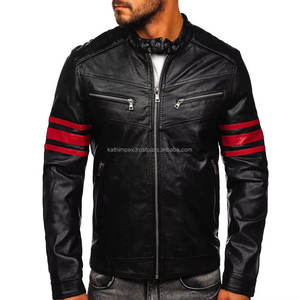 แจ็กเก็ตนักขี่จักรยานแบบสลิมฟิตสำหรับผู้ชาย, แจ็กเก็ตนักขี่มอเตอร์ไซด์หนังสีดำพร้อมแถบสีแดงใส่ลำลองสำหรับสตรีท & ฤดูหนาว - Product Image 1