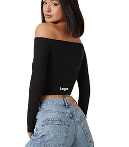 Camiseta corta de manga larga elástica con hombros descubiertos para mujer elegante - Product Image 2