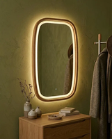 Miroir LED rectangulaire arrondi en bois CE pour salle de bain et salon, avec fonction anti-buée et interrupteur tactile en option