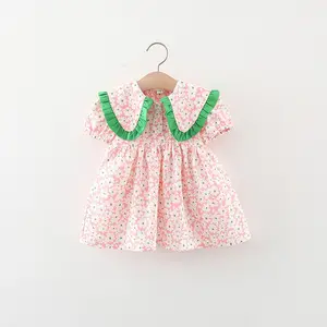 Custom High Quality Summer Floral Flower Print Baby Girl Skirt Toddler Girls Dress Kids Cotton Ruffle Short Sleeve Dress