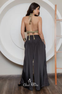 กางเกงเอวสูงผ้ายืดหยุ่นสไตล์โบโฮสำหรับผู้หญิงกางเกงเลานจ์ขากว้างกางเกงขายาวมีกระเป๋าโพลีเอสเตอร์100% - Product Image 2