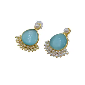 Nouvelle conception de boucles d'oreilles, boucles d'oreilles tendance, fabricant et fournisseur de boucles d'oreilles, plaqué or 18 carats, laiton, pierres pendantes - Product Image 1