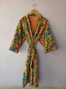 Veste Kimono Réversible en Coton Kantha Unisexe, Robe à Fleurs de Luxe Faite à la Main, Manteau Pêche Tropicale avec Cordon, pour Tenue Décontractée Printemps - Product Image 3