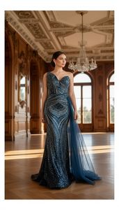 Vestido de Noche Moderno para Mujer, Última Tendencia, Bordado, de un Solo Hombro, Recto, Largo, Formal, para Fiesta, Azul Marino - Product Image 3