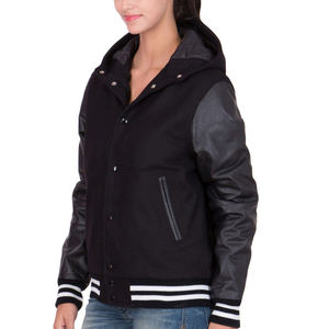 Chaqueta Urbana de Moda para Mujer, Estilo Universitario con Capucha Negra, Mangas Estilo Cuero, Forro Acolchado, Ribete a Rayas - Product Image 3