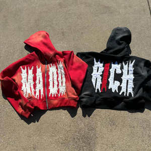 Up Boxy Cropped Hoodie Applique Distressed Sudadera con capucha bordada Logotipo personalizado Lavado ácido Rhinestone Hombres Sun Faded Patchwork Oversized - Product Image 4