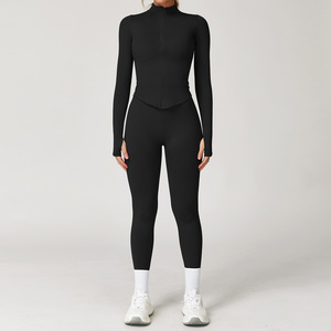 Ensemble de veste zippée à col montant sans couture pour femmes, ensemble de sport pour la course à pied en plein air, entraînement, leggings de yoga à taille élastique - Product Image 4