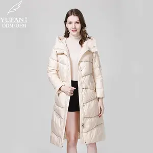 YuFan Custom 2023 OEM ODM Hooded Down Coat Curved Quilted Down Jacket Beige Warm Knee Length Down Jacket