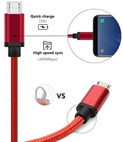 Carcasa de aleación de Zinc roja duradera de 1M, nailon trenzado, Cable de transferencia de datos de carga rápida 3A, moldeo por inyección de cobre puro Micro USB