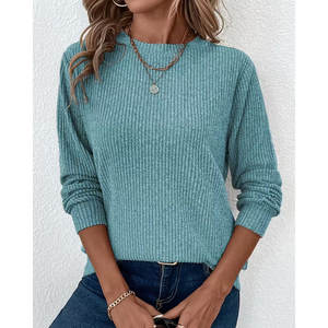 Pull en maille torsadée en polyester/coton à col long et manches longues, couleur unie bleu turquoise, style vintage élégant pour femmes, nouvelle collection hiver 2026 - Product Image 1