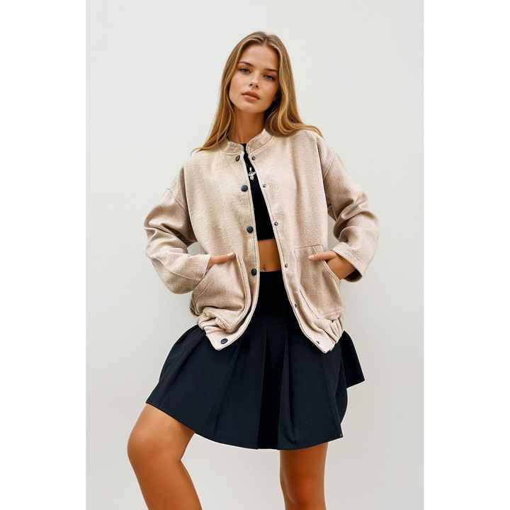 Women's Grey Melange Double Pocket Snap Closure Cashmere Coat Prm1187