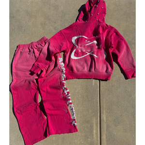 Ensemble survêtement personnalisé de haute qualité pour homme, pantalon de survêtement évasé et sweat à capuche, ensemble en coton, sweat à capuche zippé avec strass - Product Image 2