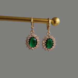 Boucles d'oreilles pendantes en forme de larme vert émeraude, argent sterling 925 plaqué or 14 carats, style vintage victorien, pour anniversaire ou fête - Product Image 5