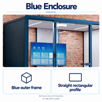 Cabine de réunion de bureau moderne bleue avec façade en verre, sièges bleu marine, coussins gris clair et petite table