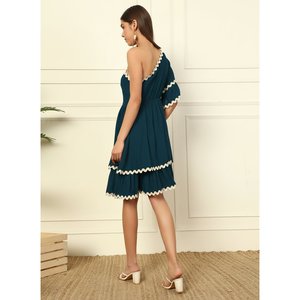 Deebaco Women's Solid One Shoulder A-Line Above Knee <b>Dress</b> With Scallop Trim Elastic Waist Casual Summer Loose Fit Ruffle Hem - Product Image 4